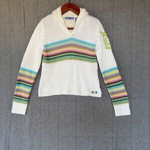 90s Vintage Mudd Ivory Colorful Stripe Logo Patch Detail Hooded Sweater Size XL